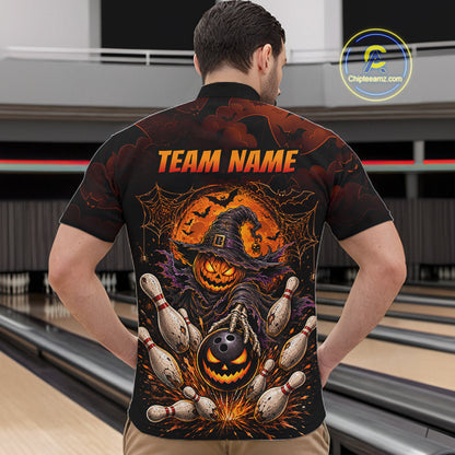 Men Custom Halloween Bowling Shirt, Personalized Team Name Pumpkin Bowling Polo, Halloween Gift NHT1605