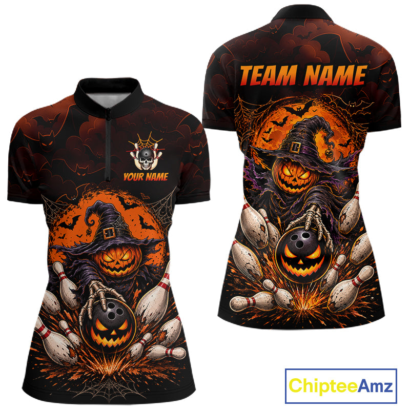 Women Custom Halloween Bowling Shirt, Personalized Team Name Pumpkin Bowling Polo, Halloween Gift NHT1605