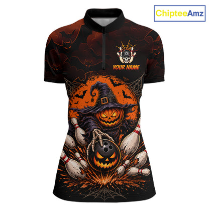 Women Custom Halloween Bowling Shirt, Personalized Team Name Pumpkin Bowling Polo, Halloween Gift NHT1605
