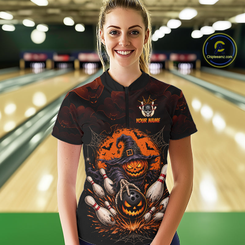 Women Custom Halloween Bowling Shirt, Personalized Team Name Pumpkin Bowling Polo, Halloween Gift NHT1605