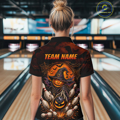 Women Custom Halloween Bowling Shirt, Personalized Team Name Pumpkin Bowling Polo, Halloween Gift NHT1605