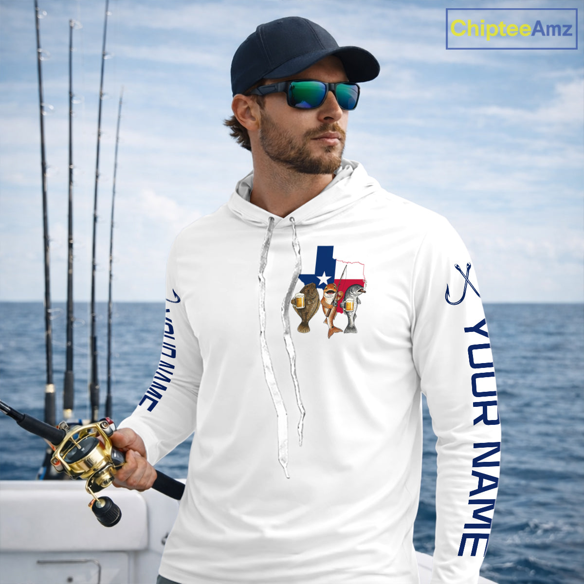 Texas Slam Funny Fishing Redfish, Trout, Flounder Fishing Shirts Long Sleeve Hooded For Men| White NHT843