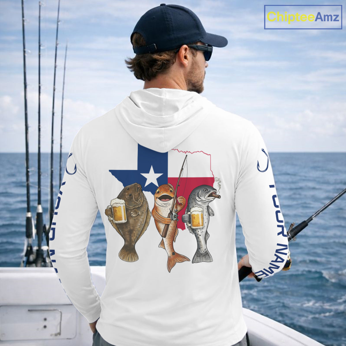 Texas Slam Funny Fishing Redfish, Trout, Flounder Fishing Shirts Long Sleeve Hooded For Men| White NHT843