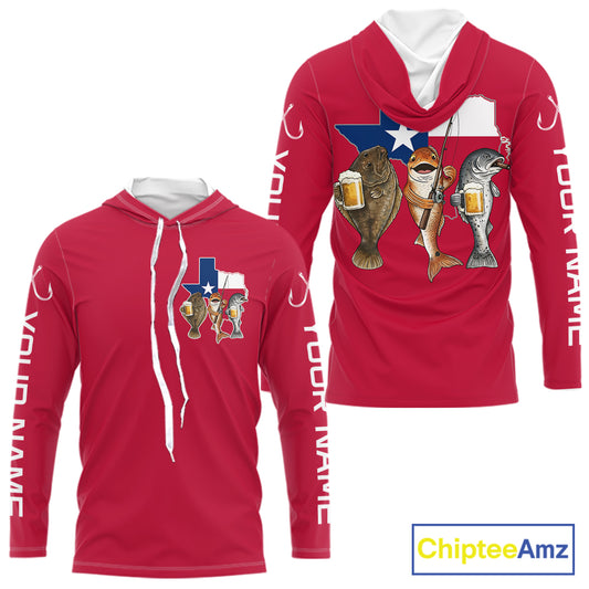 Texas Slam Funny Fishing Redfish, Trout, Flounder Fishing Shirts Long Sleeve Hooded For Men| Red NHT844