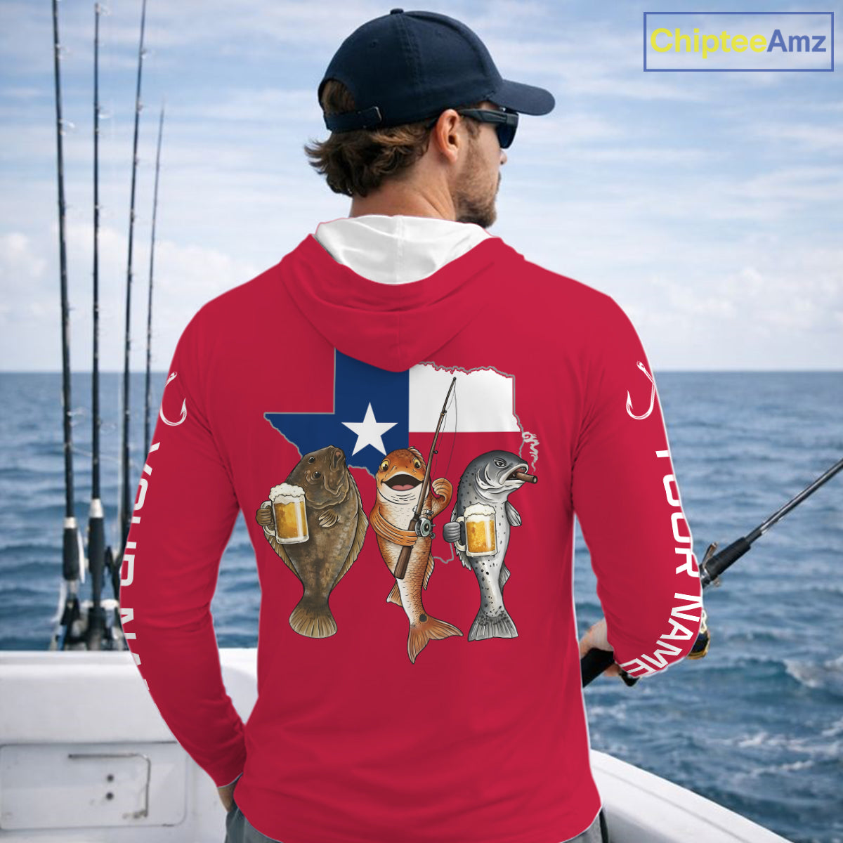 Texas Slam Funny Fishing Redfish, Trout, Flounder Fishing Shirts Long Sleeve Hooded For Men| Red NHT844