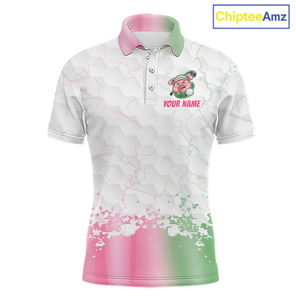 Personalized Men Funny Pig Pink Golf Shirt, Custom Golf Team Polo, Pig Golfer Shirt NHT1613