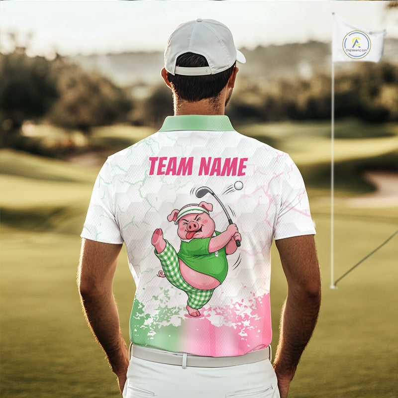 Personalized Men Funny Pig Pink Golf Shirt, Custom Golf Team Polo, Pig Golfer Shirt NHT1613
