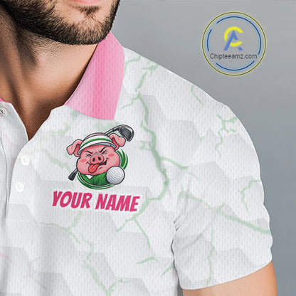 Personalized Men Funny Pig Pink Golf Shirt, Custom Golf Team Polo, Pig Golfer Shirt NHT1613