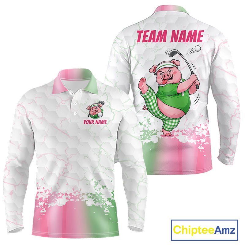 Personalized Men Funny Pig Pink Golf Shirt, Custom Golf Team Polo, Pig Golfer Shirt NHT1613