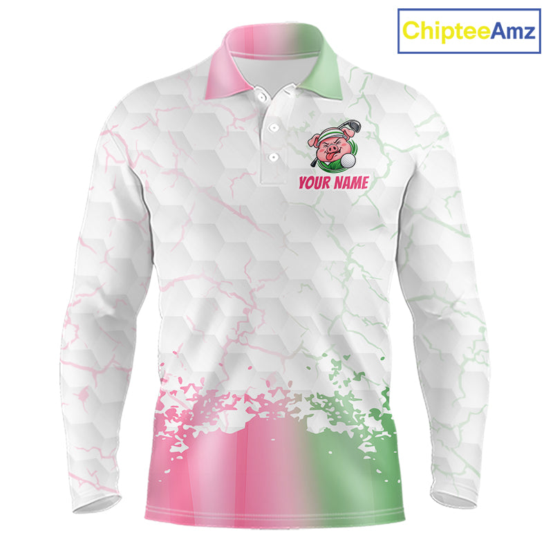 Personalized Men Funny Pig Pink Golf Shirt, Custom Golf Team Polo, Pig Golfer Shirt NHT1613