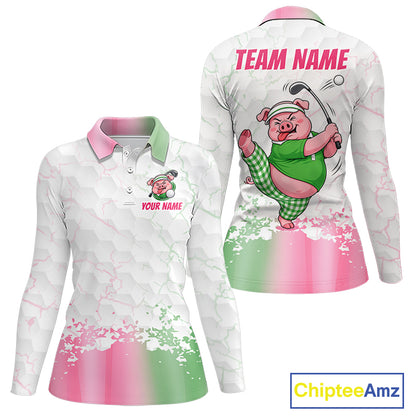 Personalized Women Funny Pig Pink Golf Shirt, Custom Golf Team Polo, Pig Golfer Shirt NHT1613