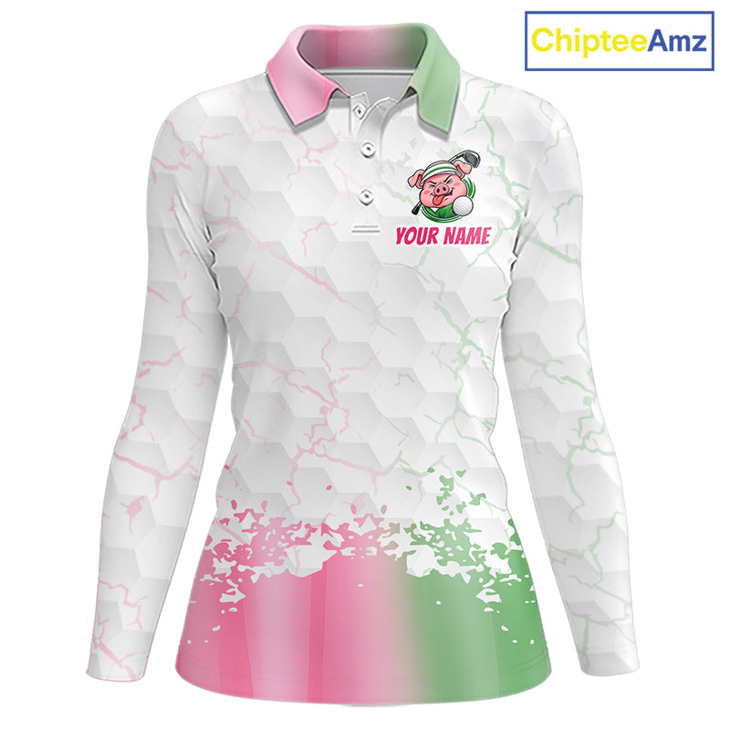 Personalized Women Funny Pig Pink Golf Shirt, Custom Golf Team Polo, Pig Golfer Shirt NHT1613