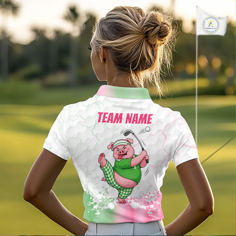 Personalized Women Funny Pig Pink Golf Shirt, Custom Golf Team Polo, Pig Golfer Shirt NHT1613