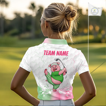 Personalized Women Funny Pig Pink Golf Shirt, Custom Golf Team Polo, Pig Golfer Shirt NHT1613