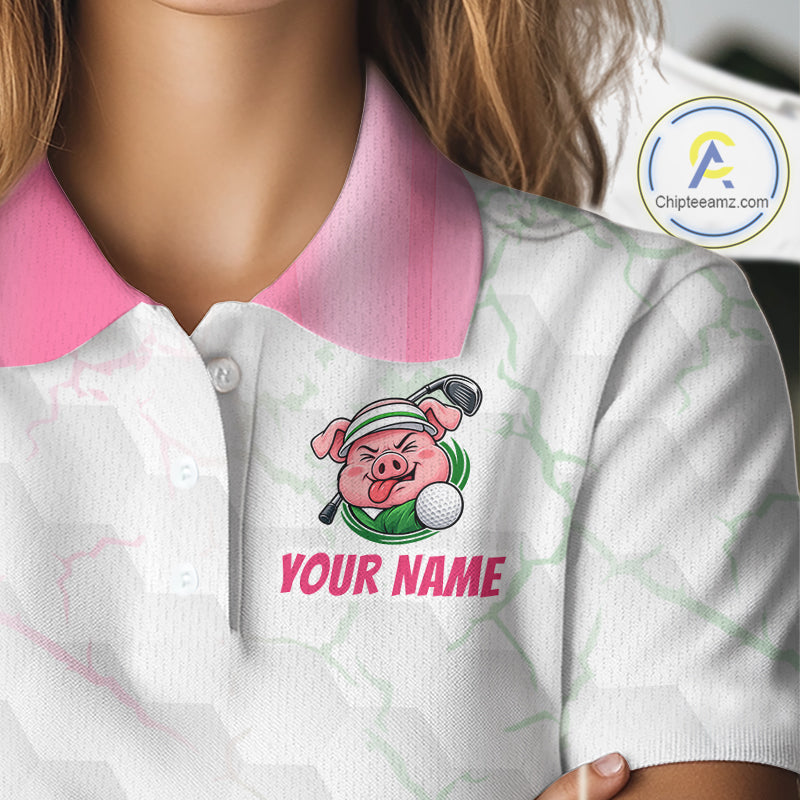 Personalized Women Funny Pig Pink Golf Shirt, Custom Golf Team Polo, Pig Golfer Shirt NHT1613