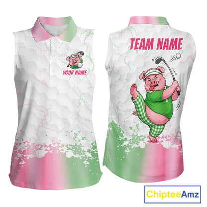 Personalized Women Sleeveless Funny Pig Pink Golf Shirt, Custom Golf Team Polo, Pig Golfer Shirt NHT1613