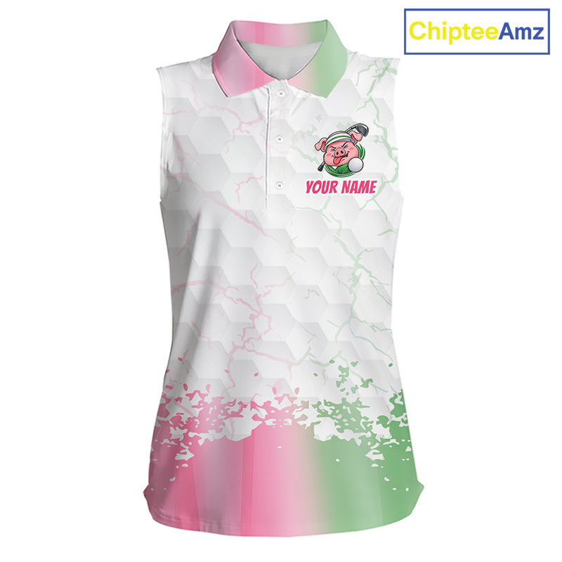 Personalized Women Sleeveless Funny Pig Pink Golf Shirt, Custom Golf Team Polo, Pig Golfer Shirt NHT1613