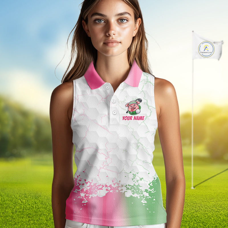 Personalized Women Sleeveless Funny Pig Pink Golf Shirt, Custom Golf Team Polo, Pig Golfer Shirt NHT1613