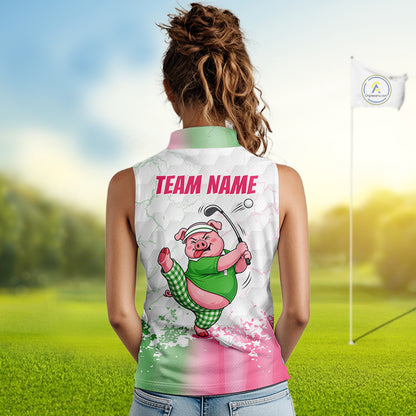 Personalized Women Sleeveless Funny Pig Pink Golf Shirt, Custom Golf Team Polo, Pig Golfer Shirt NHT1613