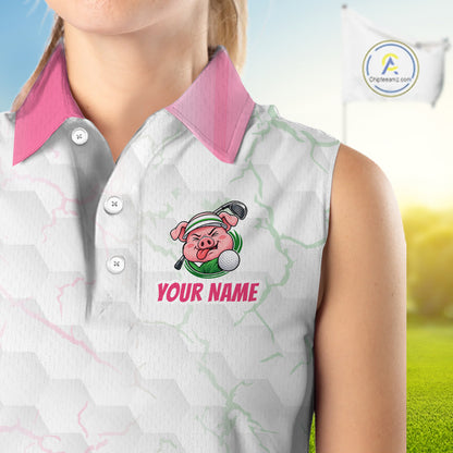 Personalized Women Sleeveless Funny Pig Pink Golf Shirt, Custom Golf Team Polo, Pig Golfer Shirt NHT1613