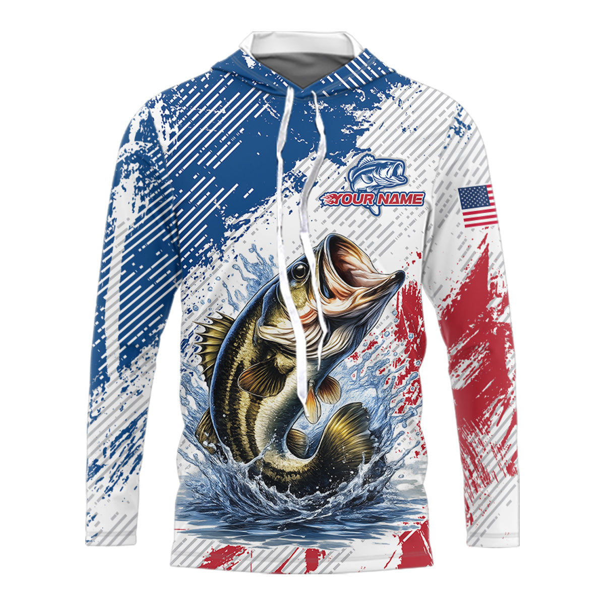 Custom Patriotic American Flag Bass Fishing Shirts Long Sleeve Hooded, Fishing Tournament Jerseys NHT435