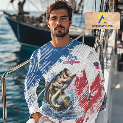 Custom Patriotic American Flag Bass Fishing Shirts Long Sleeve, Fishing Tournament Jerseys NHT435