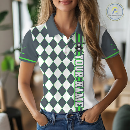Person wearing a checkered polo shirt with customizable text, standing in an indoor setting.