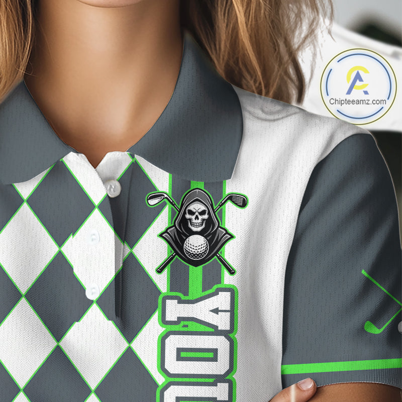 Gray and white checkered polo shirt with a unique design on a mannequin