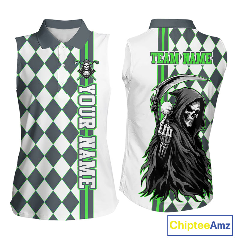 Personalized Skeleton Golf Polo Shirt For Womens Sleeveless - Funny Grim Reaper Golf Team Polo|Green 