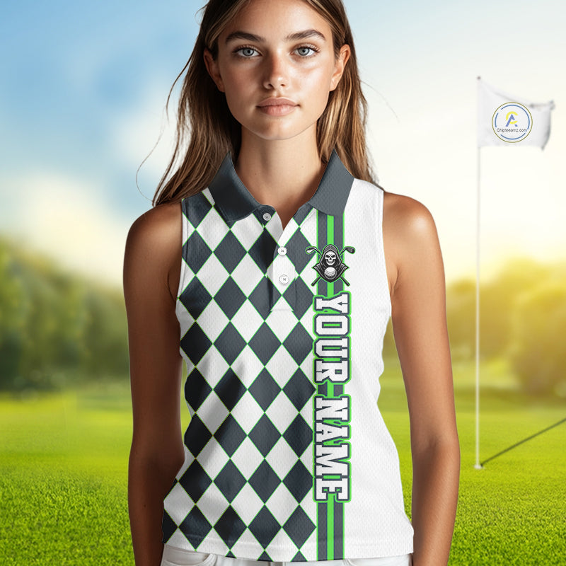 Woman wearing a custom golf shirt with a checkered pattern and text on a golf course background