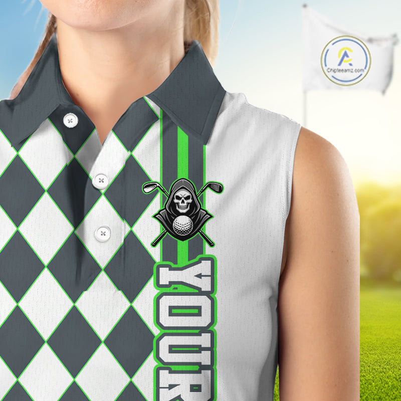Person wearing a sleeveless polo shirt with a graphic design on a blurred golf course background