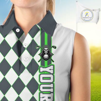 Person wearing a sleeveless polo shirt with a graphic design on a blurred golf course background
