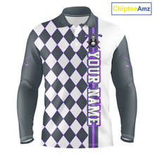 Load image into Gallery viewer, Long-sleeve shirt with black and white checkered pattern and purple accents, featuring a brand logo on a white background.