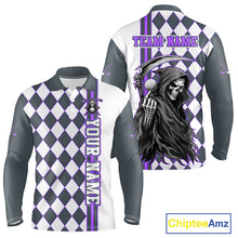 Load image into Gallery viewer, Long-sleeve shirt with a grim reaper design and checkered pattern, featuring customizable text on a white background.