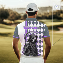 Load image into Gallery viewer, Personalized Skeleton Golf Polo Shirt For Mens - Funny Grim Reaper Golf Team Polo|Purple NHT1154