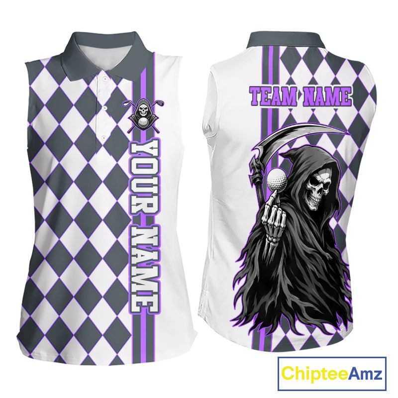 Personalized Skeleton Golf Polo Shirt For Womens Sleeveless - Funny Grim Reaper Golf Team Polo|Purple 