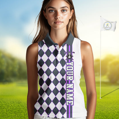 Woman wearing a checkered sleeveless golf shirt with 'Your Name' text on a golf course background