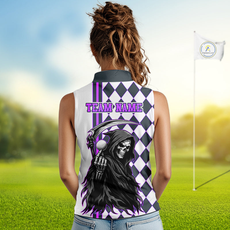 Person wearing a sleeveless shirt with a grim reaper design and 'Team Name' text on a golf course.
