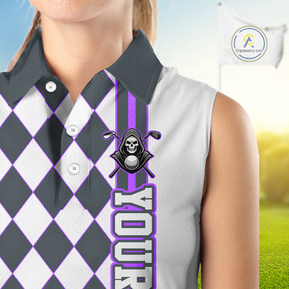 Person wearing a sleeveless polo shirt with a skull and crossbones design on a blurred golf course background