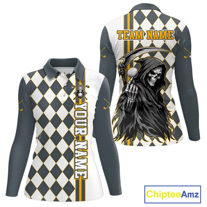 Long-sleeve shirt with checkered pattern and grim reaper design, featuring 'Your Name' and 'Team Name' text on a white background.