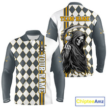 Load image into Gallery viewer, Long-sleeve shirt with a grim reaper design and checkered pattern, featuring 'Your Name' and 'Team Name' text on a white background.
