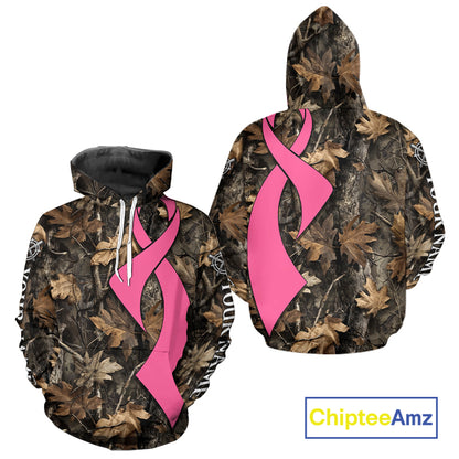 Custom Name Pink Ribbon Brown Camo Forest Brown Hunting Shirt, Breast Cancer Awareness Apparel NHT1619