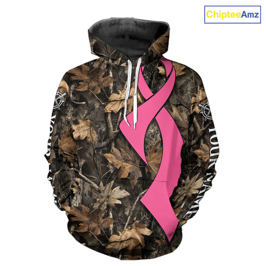 Custom Name Pink Ribbon Brown Camo Forest Brown Hunting Shirt, Breast Cancer Awareness Apparel NHT1619