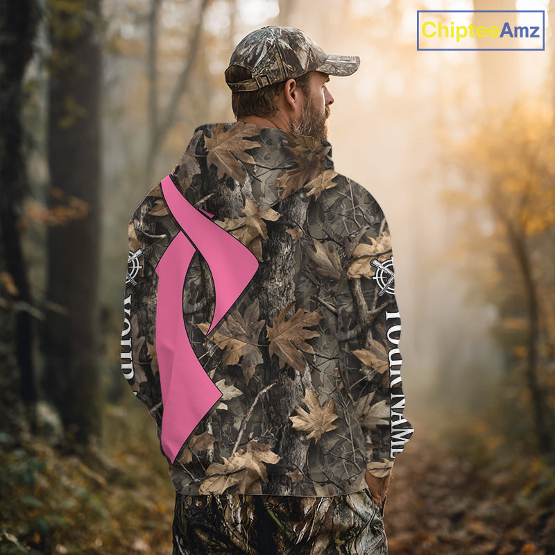 Custom Name Pink Ribbon Brown Camo Forest Brown Hunting Shirt, Breast Cancer Awareness Apparel NHT1619