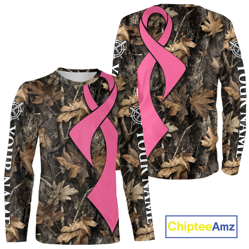 Custom Name Pink Ribbon Brown Camo Forest Brown Hunting Shirt, Breast Cancer Awareness Apparel NHT1619
