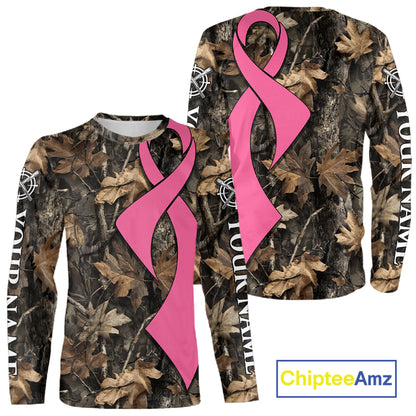 Custom Name Pink Ribbon Brown Camo Forest Brown Hunting Shirt, Breast Cancer Awareness Apparel NHT1619