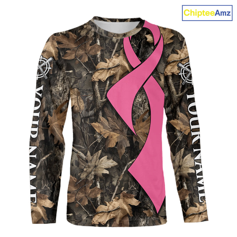 Custom Name Pink Ribbon Brown Camo Forest Brown Hunting Shirt, Breast Cancer Awareness Apparel NHT1619