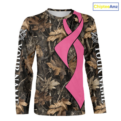 Custom Name Pink Ribbon Brown Camo Forest Brown Hunting Shirt, Breast Cancer Awareness Apparel NHT1619