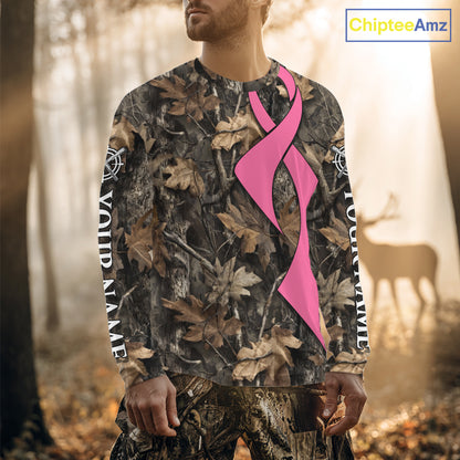 Custom Name Pink Ribbon Brown Camo Forest Brown Hunting Shirt, Breast Cancer Awareness Apparel NHT1619