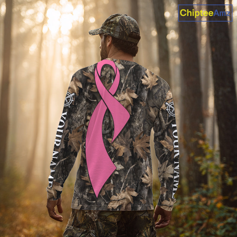 Custom Name Pink Ribbon Brown Camo Forest Brown Hunting Shirt, Breast Cancer Awareness Apparel NHT1619